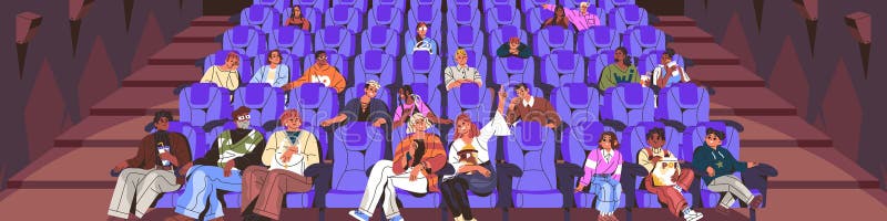 Different groups of friends watching movie front view. People sit on seats in cinema. Happy kids watch film&#x27;s premiere, eat popcorn. Spectators looking on theatre show. Flat vector illustration. Different groups of friends watching movie front view. People sit on seats in cinema. Happy kids watch film&#x27;s premiere, eat popcorn. Spectators looking on theatre show. Flat vector illustration.