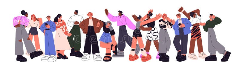 Different groups of people set. Happy friends greeting, hug. Colleagues communicate. Characters standing with phone. Conversation in society. Flat isolated vector illustration on white background. Different groups of people set. Happy friends greeting, hug. Colleagues communicate. Characters standing with phone. Conversation in society. Flat isolated vector illustration on white background.