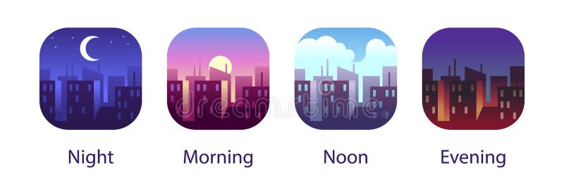 Différents moments de la journée. Midi et soir du matin de nuit dans le paysage de la ville. Bâtiments et concept urbain de gratte
