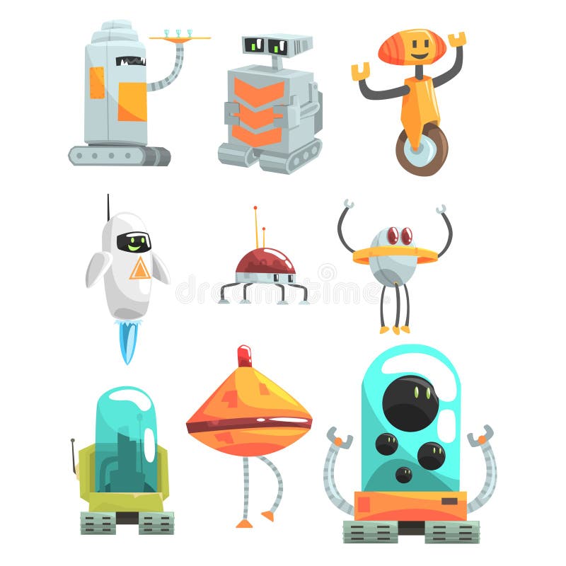 Différents robots de service public de conception réglés du dessin d'isolement par androïdes colorés de bande dessinée illustration de vecteur Différents robots de service public de conception réglés du dessin d'isolement par androïdes colorés de bande dessinée illustration de vecteur