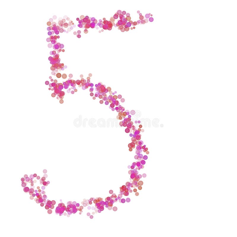 Digit 5 alphabet. Pink circles dot hue pink. Lettering bubbles circles stylized letter font isolated on white. Beautiful color