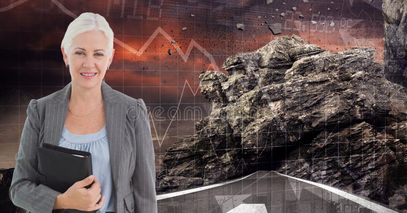 Digitaal beeld van de agenda van de onderneemsterholding terwijl status op weg tegen rots en grafieken vector illustratie Digitaal beeld van de agenda van de onderneemsterholding terwijl status op weg tegen rots en grafieken vector illustratie