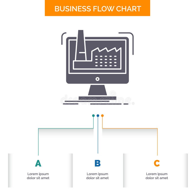 digitaal, fabriek, productie, productie, het Ontwerp product van de Bedrijfsstroomgrafiek met 3 Stappen Glyphpictogram voor Prese stock illustratie digitaal, fabriek, productie, productie, het Ontwerp product van de Bedrijfsstroomgrafiek met 3 Stappen Glyphpictogram voor Prese stock illustratie