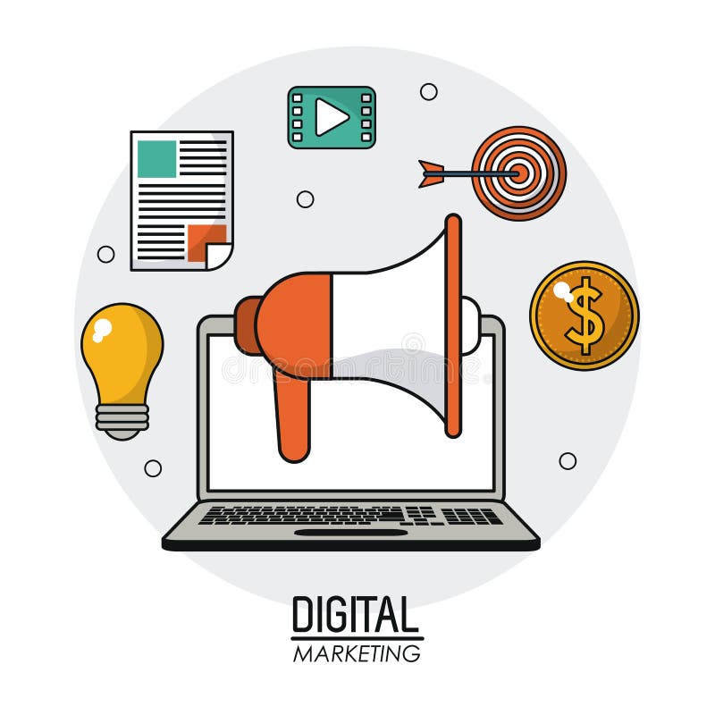 Digitaal marketing laptop luidsprekersnetwerk van verschillende media vector illustratie Digitaal marketing laptop luidsprekersnetwerk van verschillende media vector illustratie