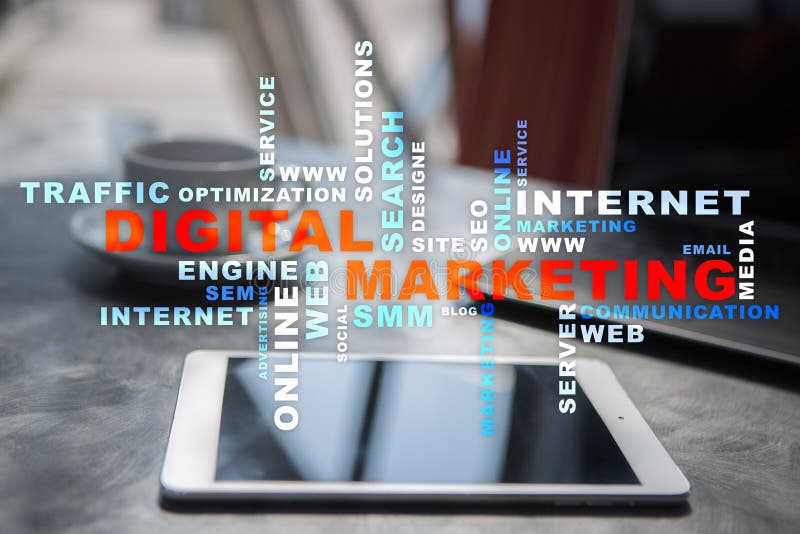 Digitaal marketing technologieconcept Internet Online Zoekmachineoptimalisering SEO SMM reclame Woordenwolk