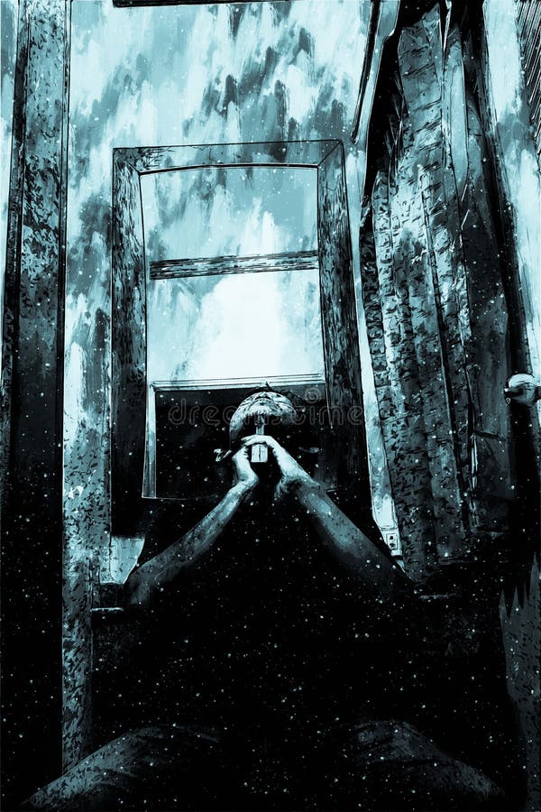 Digitaal schilderen van stress man met geweer, monotone afbeelding stock illustratie Digitaal schilderen van stress man met geweer, monotone afbeelding stock illustratie