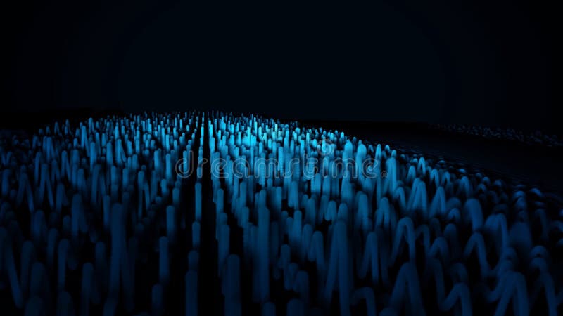 Digital, abstract, blue waves on black background. Voluminous straight lines transforming into waves, sound vibrations. stock illustration Digital, abstract, blue waves on black background. Voluminous straight lines transforming into waves, sound vibrations. stock illustration