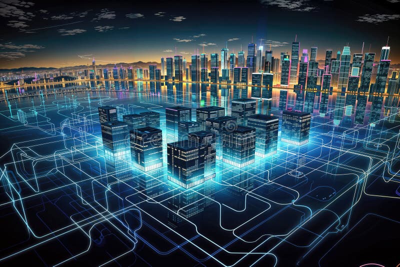 Digital abstract of a cityscape with raytraced reflections and clear edge definition, generative ai vector illustration