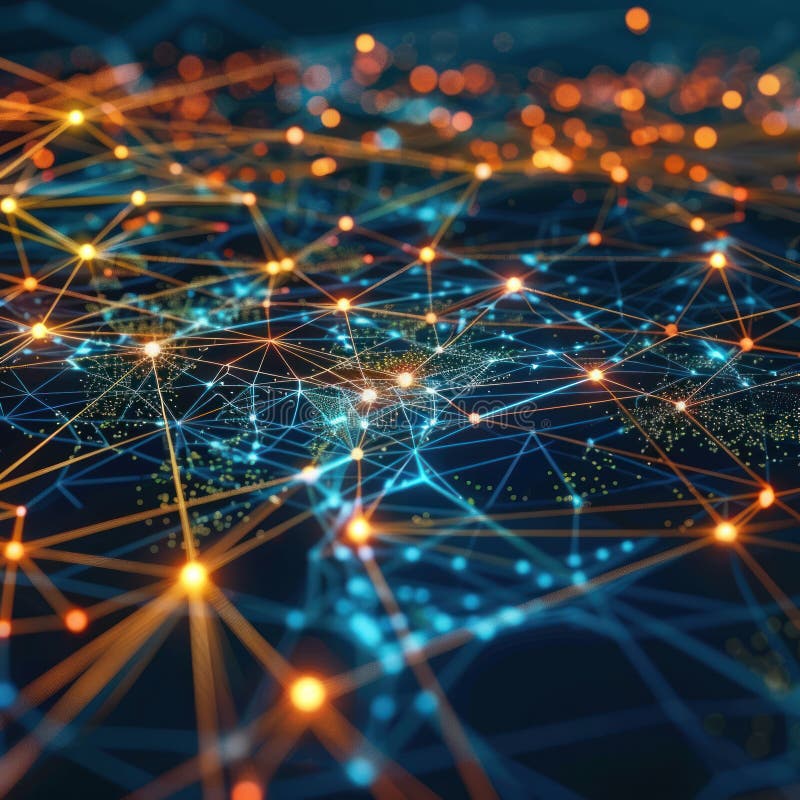 Digital abstract cyberspace many points and lines connecting data that lights up, internet transfer speed stock illustration