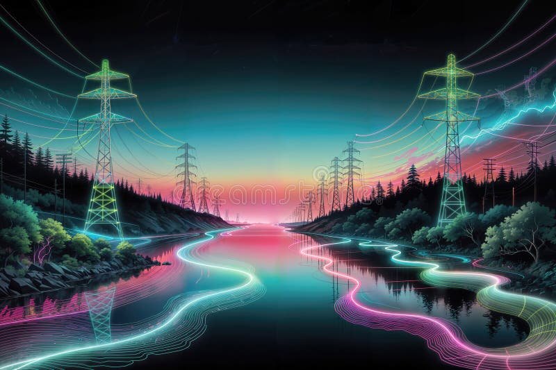 Digital abstract of electrical grid visualization, generative ai royalty free illustration
