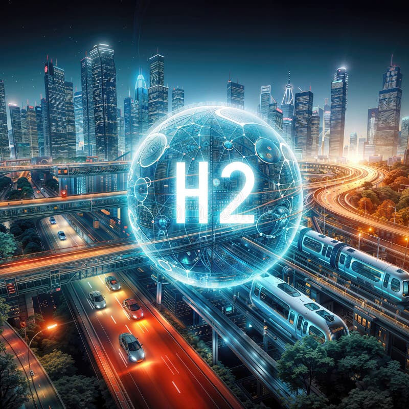 Digital abstract: Hydrogen\'s Power Sphere Amid Neon Cyberpunk, generative ai stock image