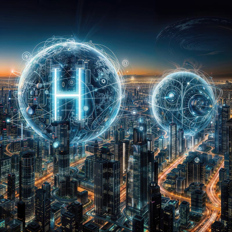 Digital abstract: Neon City s Hydrogen Spheres - A Futuristic Pair, generative ai. A bustling metropolis, where augmented reality interfaces and holographic displays are the norm.