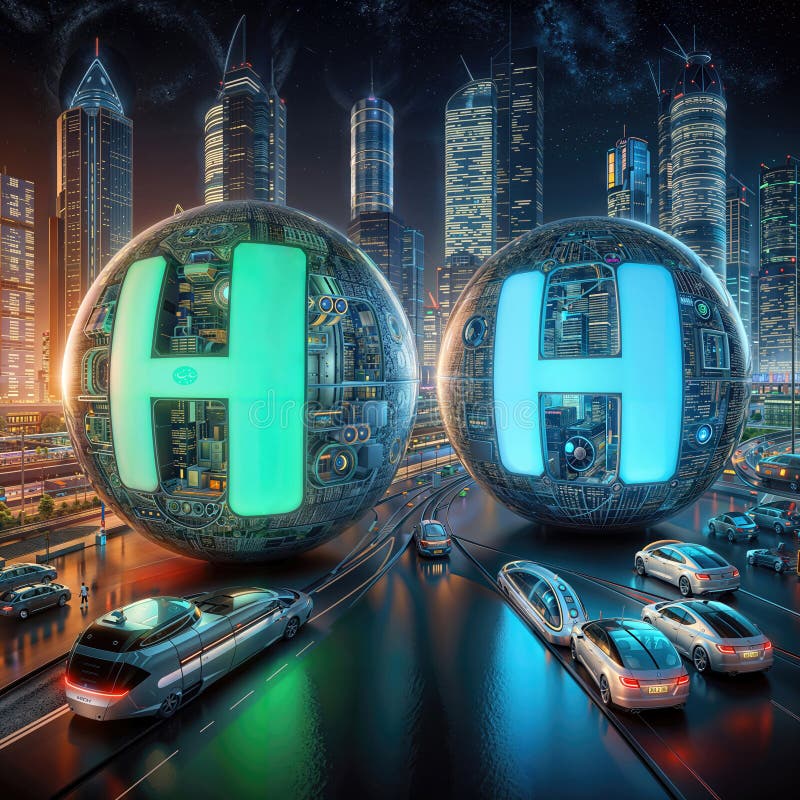 Digital abstract: The Neon Metropolis with Hydrogen\'s Duality, generative ai royalty free illustration