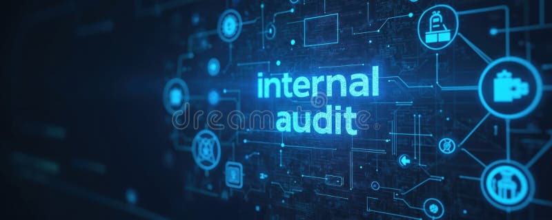 Digital abstract shows glowing blue text internal audit on circuit board pattern. Futuristic data connections and icons symbolize vector illustration