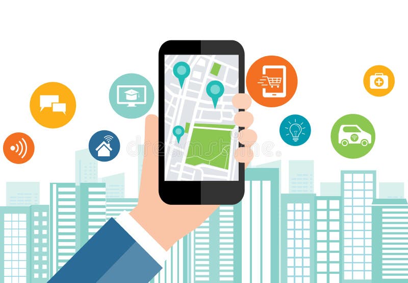Digital affär och smart stadsanslutning för samkväm på mobil royaltyfri illustrationer Digital affär och smart stadsanslutning för samkväm på mobil royaltyfri illustrationer