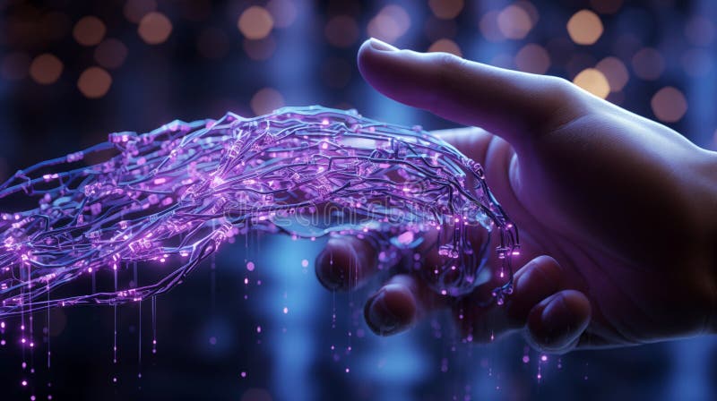 Digital AI hand holding a virtual neural cube showcasing the evolution of artificial intelligence royalty free illustration