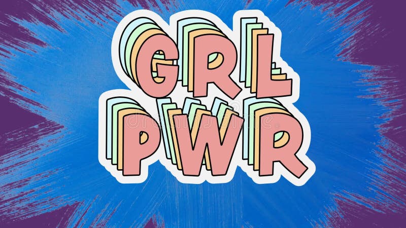 Digital animation of girl power text banner against blue paint splash on purple background