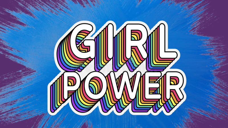 Digital animation of girl power text banner against blue paint splash on purple background