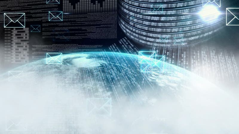 Digital animation of message symbols and computer coding. Globe rolling across the screen 4K. Computer matrix video