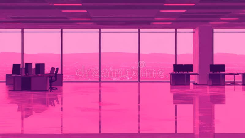 In a digital art illustration, a futuristic workspace is filled with sparkling particles that rise from a glowing screen stock image