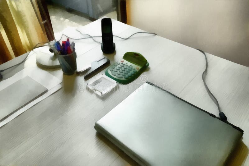 Digital Art Painting Modern Accessories on Desk with Computer Stock