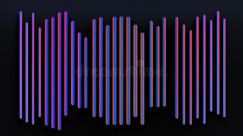A digital art piece featuring a series of vertical lines in varying colors and patterns. The image presents a digital art piece featuring a series of vertical lines that appear to be vibrating or oscillating. The lines are arranged in a repeating pattern, with the color intensity varying from light blue to dark blue, and the color gradient from pink to purple. The lines are set against a dark background with a subtle grid pattern, creating a striking contrast. The lines are not perfectly straight, adding a sense of dynamism to the composition. AI generated