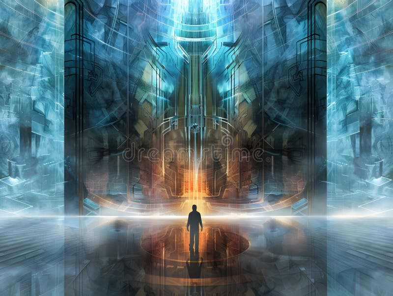 Cybernetic Guardian Defending Futuristic Abstract Digital Art Background royalty free illustration