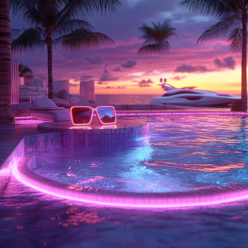 Digital art rendering of a luxury nighttime resort scene, featuring an infinity pool with pink neon lighting and palm stock photography