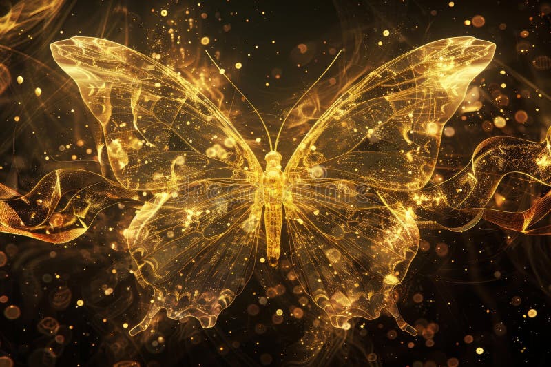 Artă digitală a unui fluture auriu strălucitor printre particule strălucitoare pe fond întunecat. Opere de artă abstractă cu fluture auriu, cu strălucire și particule pe fond întunecat, o ilustrare fantezie cu efecte luminoase. magie mistică. și luminos. shimmering. și cheltuielile cu eleganța decorativă generate