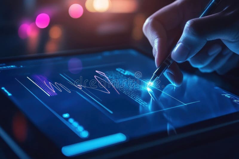 Digital artist creating vibrant graphs on a tablet late at night in a modern workspace. Generative AI royalty free stock photo