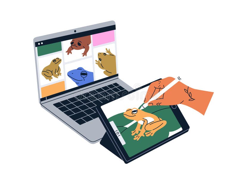 Digital artist drawing on electronic tablet PC. Hand creating picture using pad. Creative illustrator working with royalty free illustration