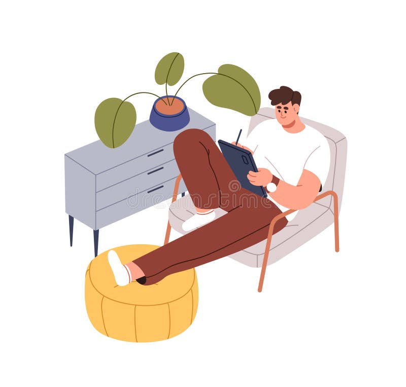 Digital artist drawing on electronic tablet PC, sitting in cozy armchair at home. Creative man illustrator with pad and royalty free illustration