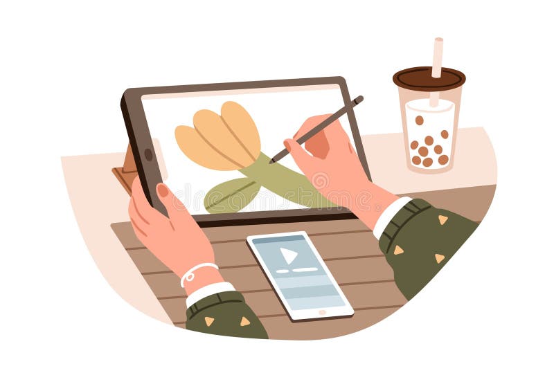 Digital artist drawing on electronic tablet with stylus, creating graphic illustration at work desk. Illustrators hand stock illustration