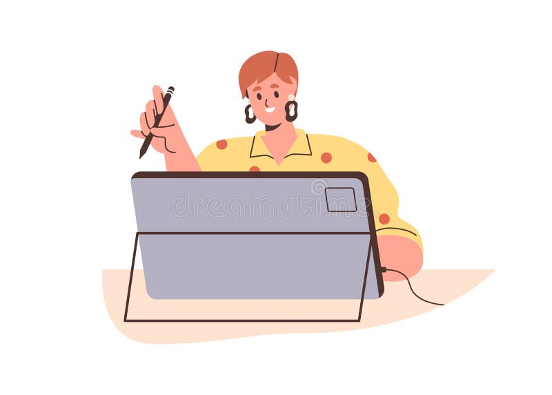 Digital artist, illustrator works at electronic tablet PC. Woman drawing with pen tool, stylus at pad. Happy creative stock illustration