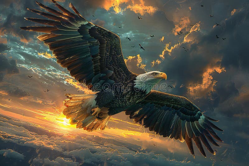 Digital artwork of bald eagle flying across the sky in the sunset stock illustration.