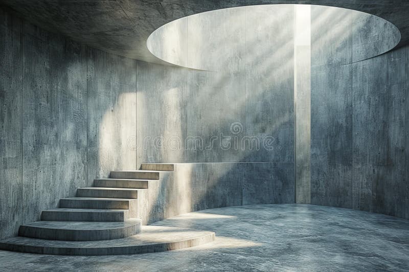 Digital artwork of concrete room with a circular shaped floor, high quality, high resolution vector illustration.