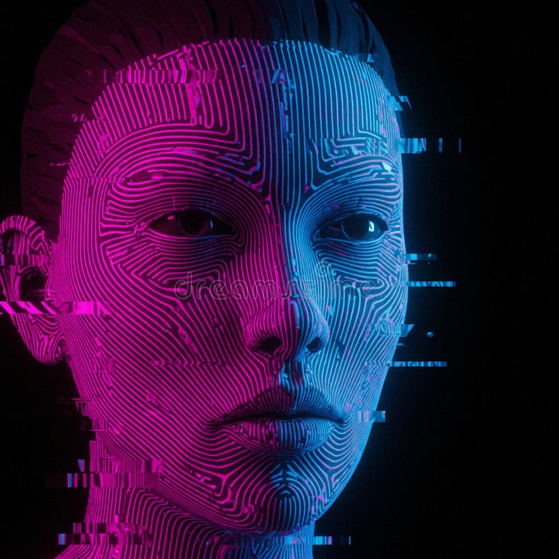 A digital artwork depicting a stylized human face with intricate circuit patterns across stock illustration