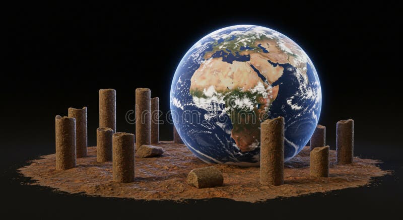 A digital artwork depicts a spherical Earth floating above a barren, rocky surface generated vector illustration