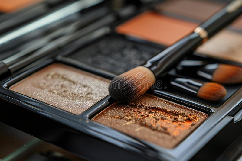 Digital artwork of eyeshadow palette is in a box, with an eyeshadow brush on top of the palette stock illustration.