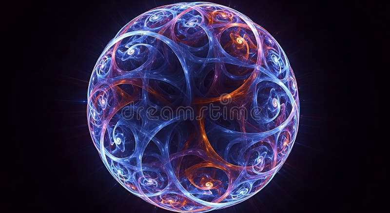 A digital artwork features a glowing, spherical fractal design against a dark royalty free illustration