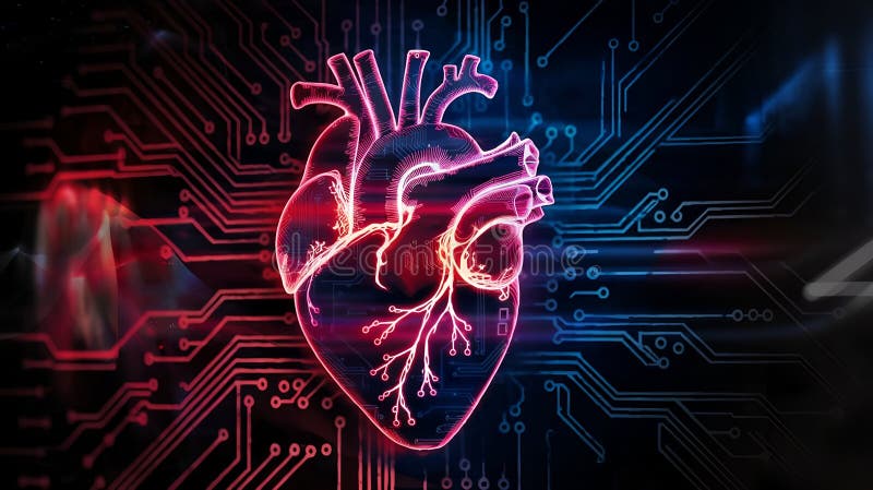 A digital artwork featuring a heart infused with intricate circuit patterns royalty free illustration