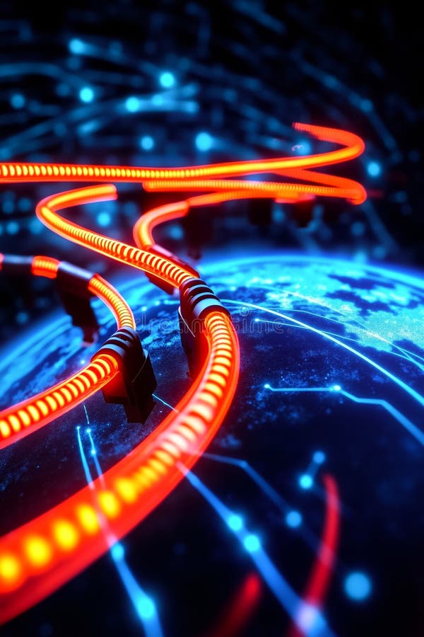 A close up of a red and blue cable connected to a blue and orange globe royalty free stock photo