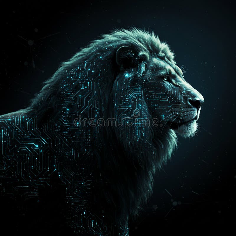 A digital artwork of a lion features intricate circuit patterns across its body, blending royalty free illustration