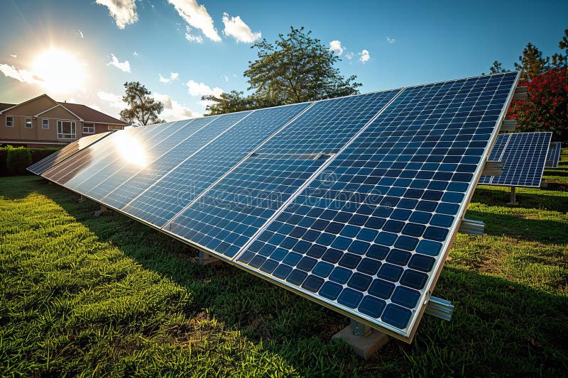 Digital artwork of panoramic view of solar panels in an open field, with the sun casting long shadows and highlighting their sle stock illustration