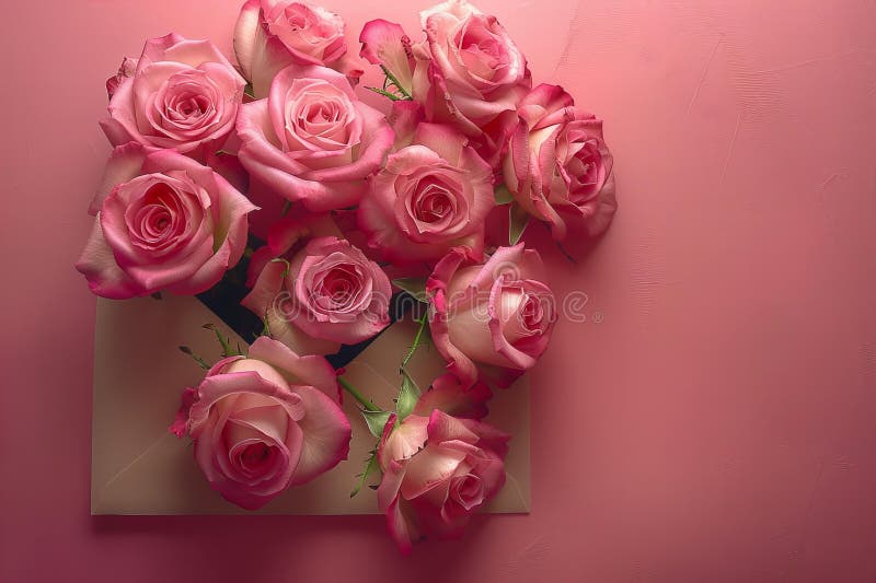 Digital artwork of pink roses arranged in a paper envelope, pink background vector illustration