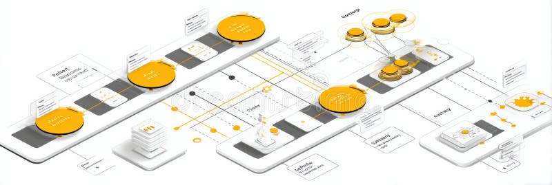 This digital artwork shows a structured workflow with circular icons for key stages, linked by lines to indicate process flows. Annotations ai stock images, royalty-free photos and pictures