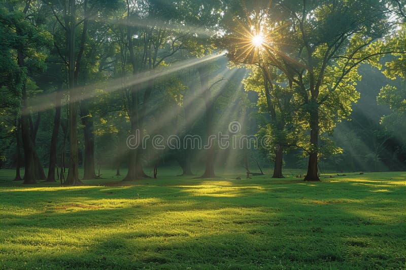 Digital artwork of sunbeams shining in the green grass, with sun shining through the trees stock illustration