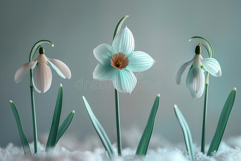 Digital artwork of three snowdrop flowers with blank space in the middle royalty free illustration