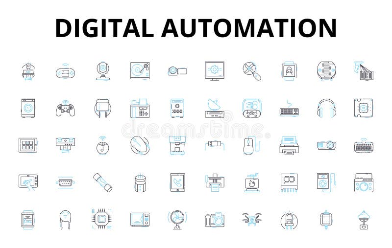 Digital automation linear icons set. Robotics, Automation, Artificial Intelligence, Machine Learning, Workflow royalty free illustration