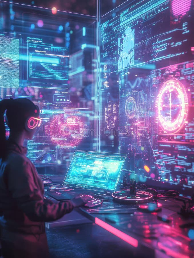Digital avatars enhance workspace productivity through interactive technology at a futuristic setting. Generative AI. A person collaborates with digital avatars in a high tech workspace, engaging with holographic displays and advanced interfaces. AI generated